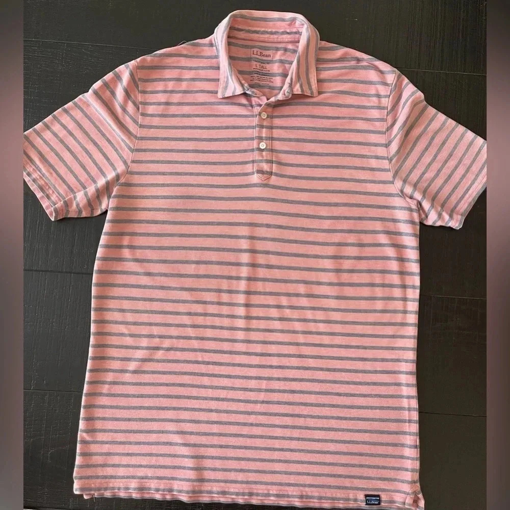 LL Bean Shirt Mens Large Tall Polo Shirt Red & Grey Traditional Fit